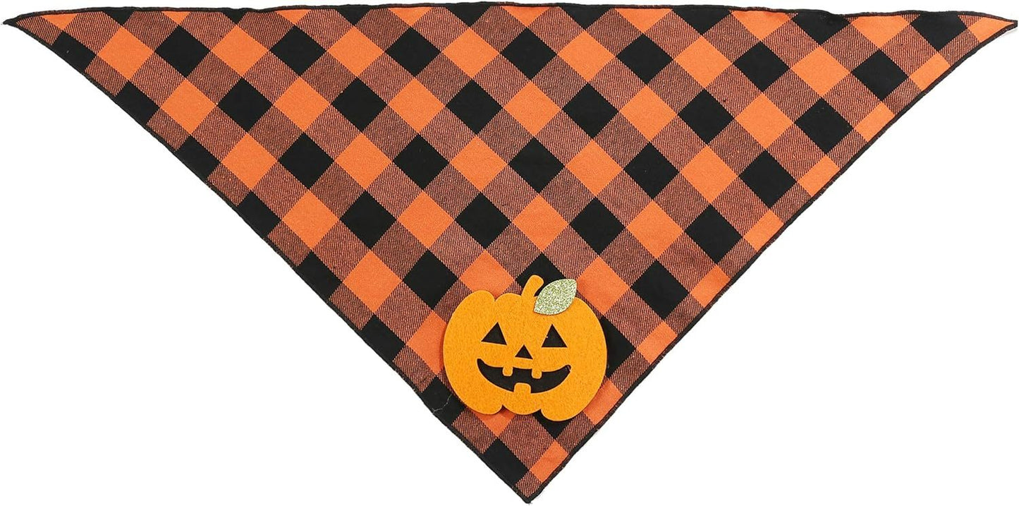 Halloween Dog Plaid Bandana With Pumpkin Appliques,Pet Dog Puppy Holiday Scarf