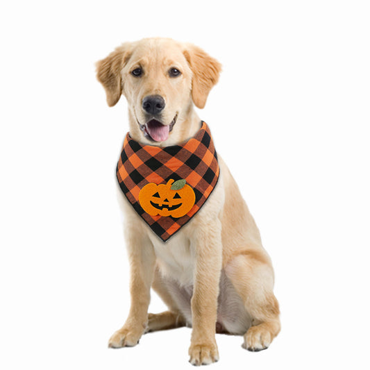 Halloween Dog Plaid Bandana With Pumpkin Appliques,Pet Dog Puppy Holiday Scarf